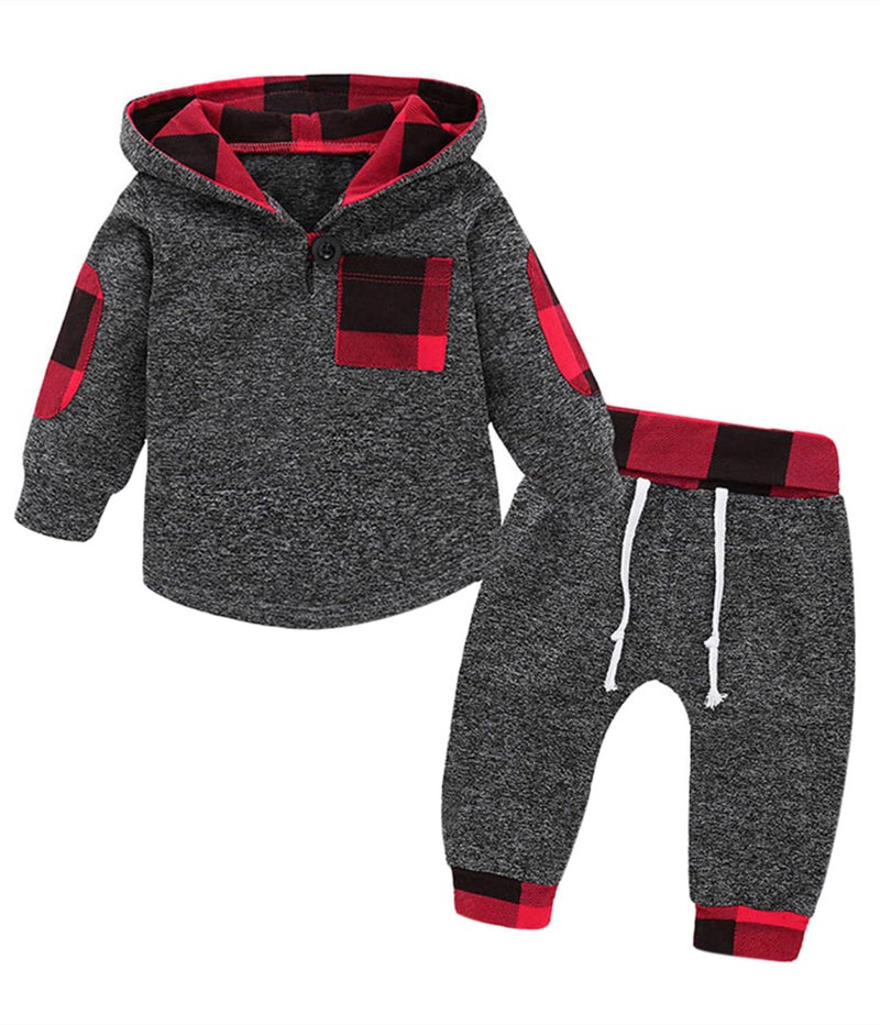 Saeaby Baby Boy Outfit 18 Months Boy Clothes Winter Plaid Hoodie Baby Christmas Outfit Toddler Clothes for Boys 18-24 Months Red - Image 1